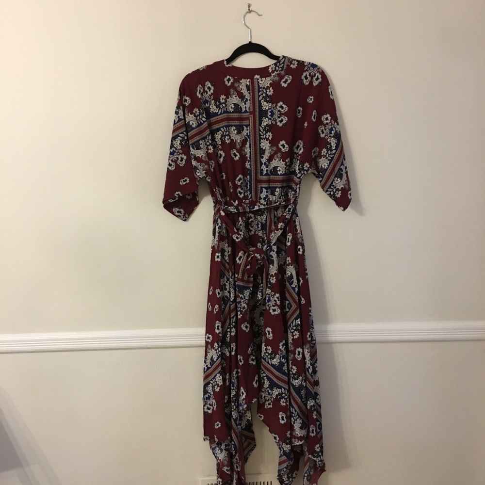 1 Left! Wine Floral Print Handkerchief Midi Dress - Picture 7 of 8